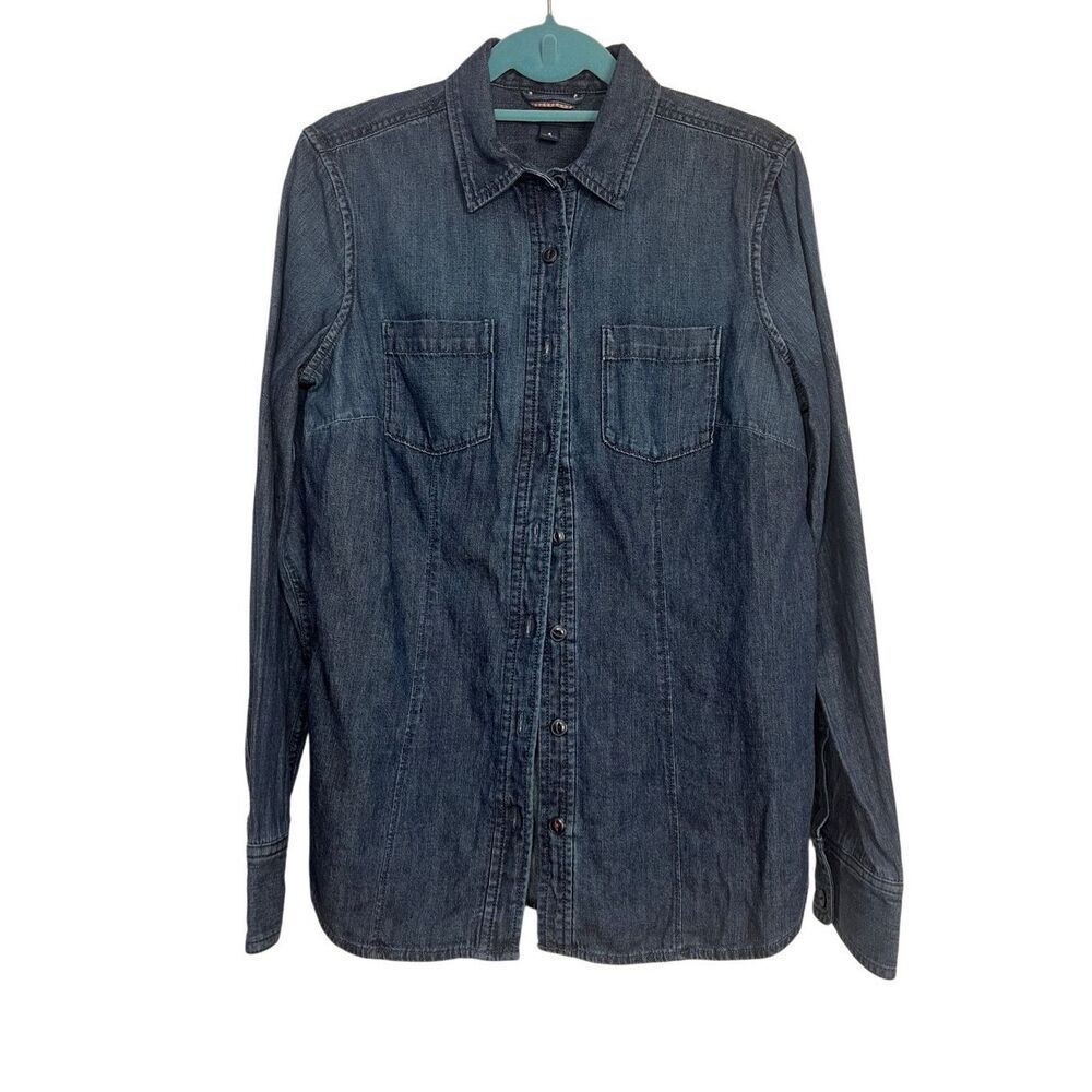 Lands End Shirt Womens Size 4 Blue Denim Cotton Collared Button Down Long Sleeve